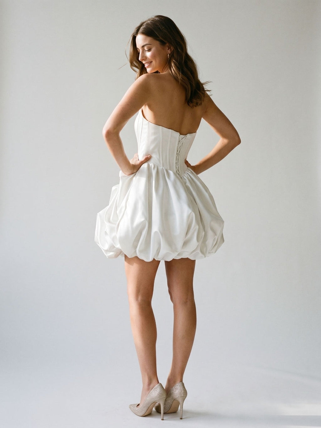 White Satin A-Line Straight Neck Criss-Cross Straps Short Dress with Pleating - Curvevia