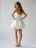 White Satin A-Line Straight Neck Criss-Cross Straps Short Dress with Pleating - Curvevia