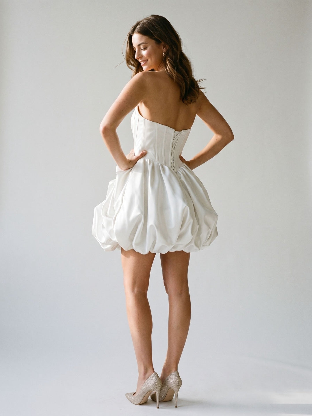 White Satin A-Line Straight Neck Criss-Cross Straps Short Dress with Pleating - Curvevia