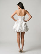 White Satin A-Line Straight Neck Criss-Cross Straps Short Dress with Pleating - Curvevia