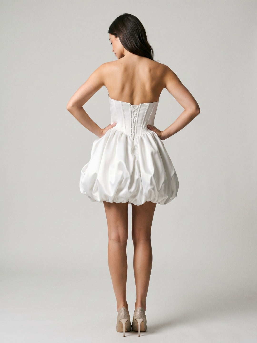 White Satin A-Line Straight Neck Criss-Cross Straps Short Dress with Pleating - Curvevia
