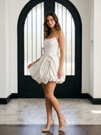 White Satin A-Line Straight Neck Criss-Cross Straps Short Dress with Pleating - Curvevia
