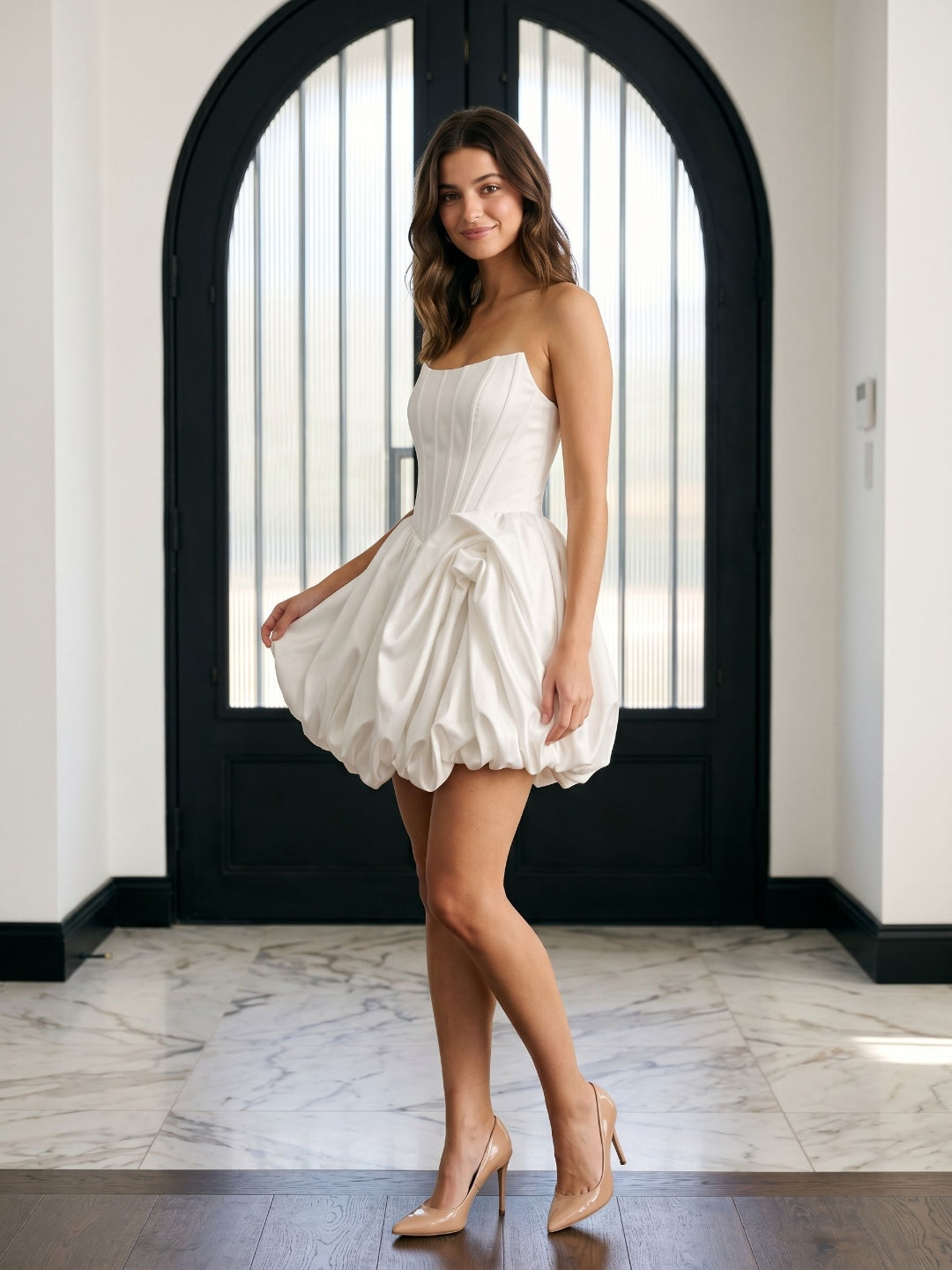 White Satin A-Line Straight Neck Criss-Cross Straps Short Dress with Pleating - Curvevia