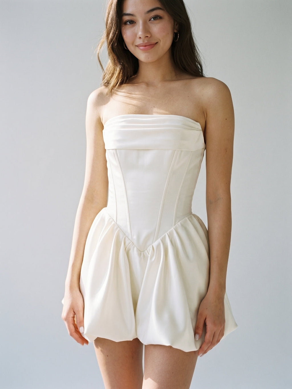 White Satin A-Line Straight Neck Criss-Cross Straps Short Homecoming Dress with Pleating - Curvevia