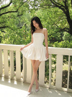 White Satin A-Line Straight Neck Criss-Cross Straps Short Homecoming Dress with Pleating - Curvevia
