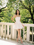 White Satin A-Line Straight Neck Criss-Cross Straps Short Homecoming Dress with Pleating - Curvevia