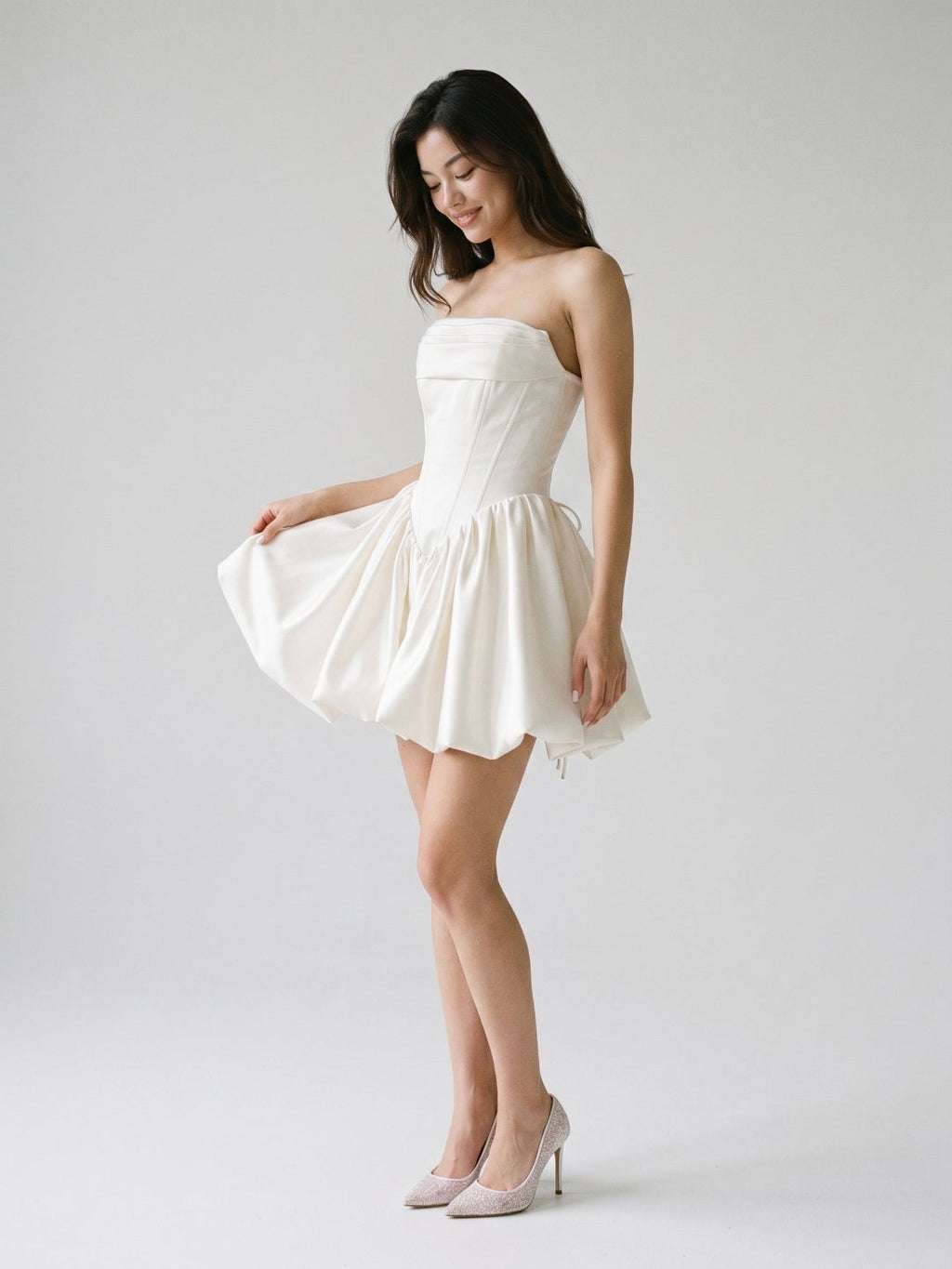 White Satin A-Line Straight Neck Criss-Cross Straps Short Homecoming Dress with Pleating - Curvevia