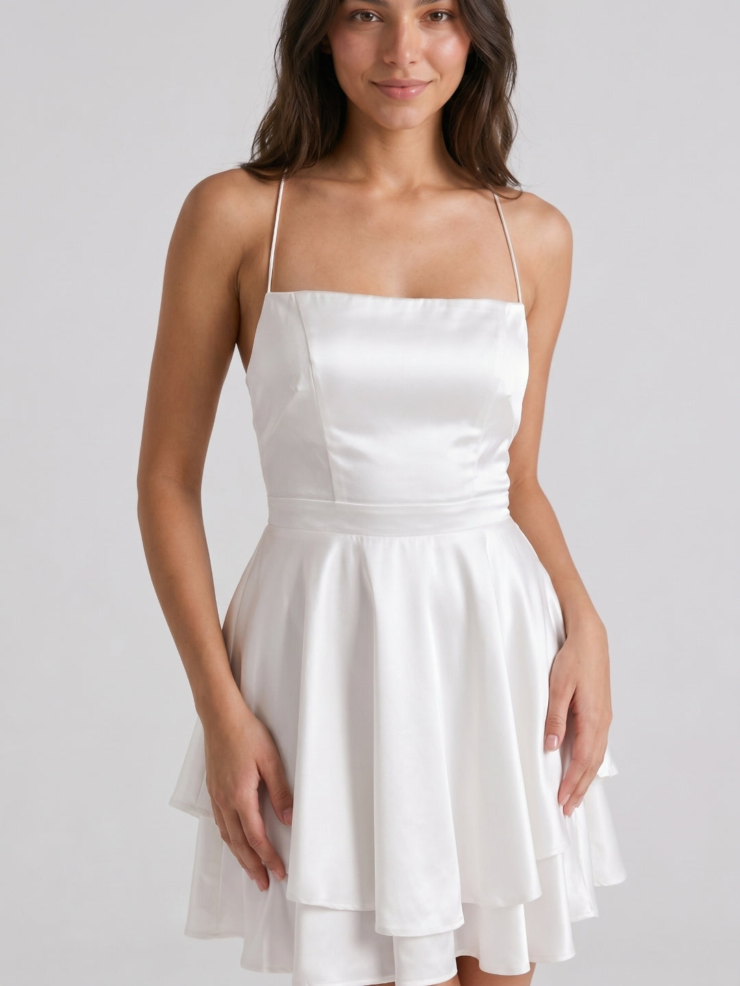 White Satin A-Line Straight Neck Lace-Up Mini Homecoming Dress with Pleats - Curvevia