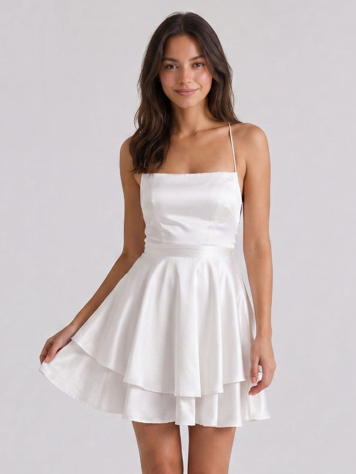 White Satin A-Line Straight Neck Lace-Up Mini Homecoming Dress with Pleats - Curvevia