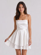 White Satin A-Line Straight Neck Lace-Up Mini Homecoming Dress with Pleats - Curvevia