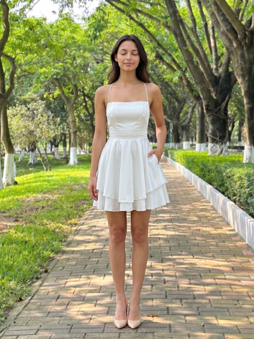 White Satin A-Line Straight Neck Lace-Up Mini Homecoming Dress with Pleats - Curvevia