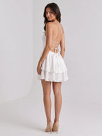 White Satin A-Line Straight Neck Lace-Up Mini Homecoming Dress with Pleats - Curvevia