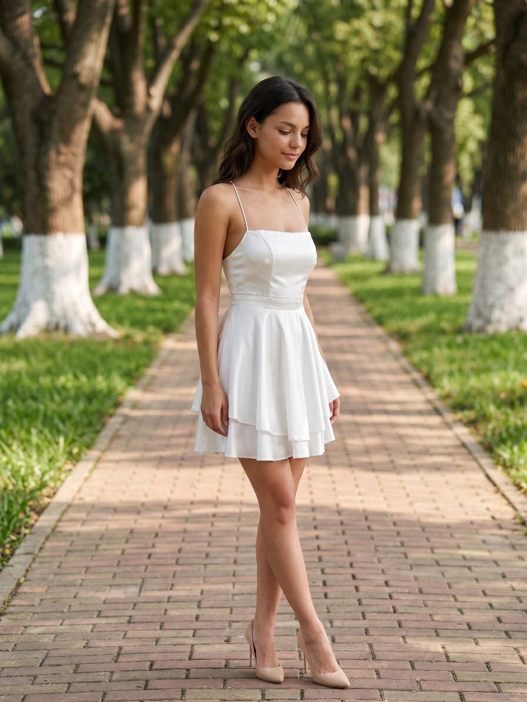 White Satin A-Line Straight Neck Lace-Up Mini Homecoming Dress with Pleats - Curvevia