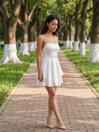 White Satin A-Line Straight Neck Lace-Up Mini Homecoming Dress with Pleats - Curvevia