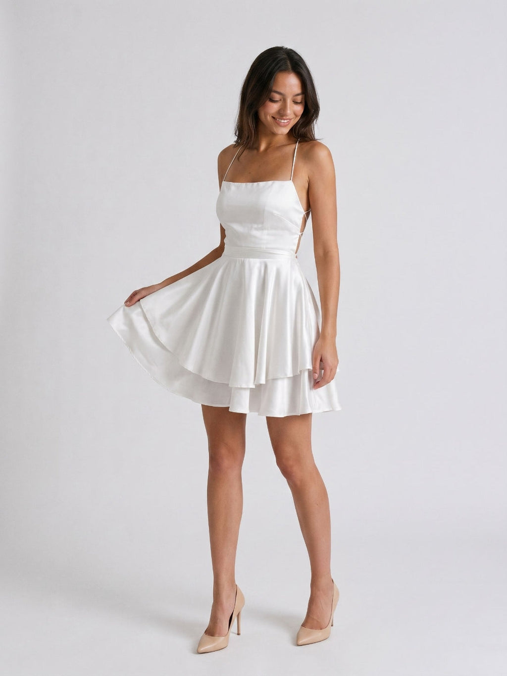 White Satin A-Line Straight Neck Lace-Up Mini Homecoming Dress with Pleats - Curvevia