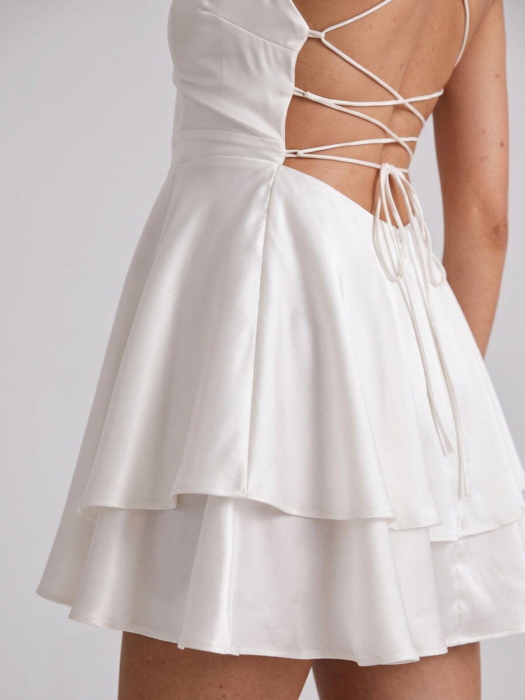 White Satin A-Line Straight Neck Lace-Up Mini Homecoming Dress with Pleats - Curvevia