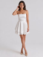 White Satin A-Line Straight Neck Lace-Up Mini Homecoming Dress with Pleats - Curvevia