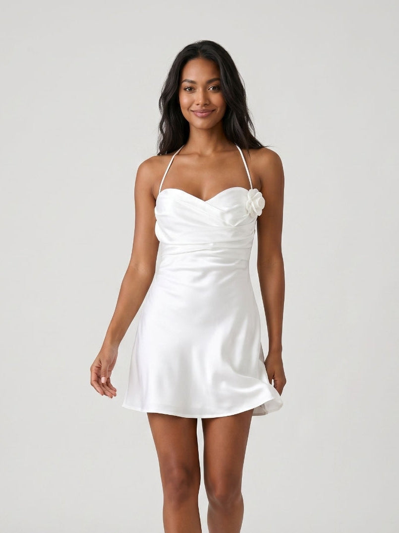 White Satin A-Line Sweetheart Back Zip Short Dress - Curvevia