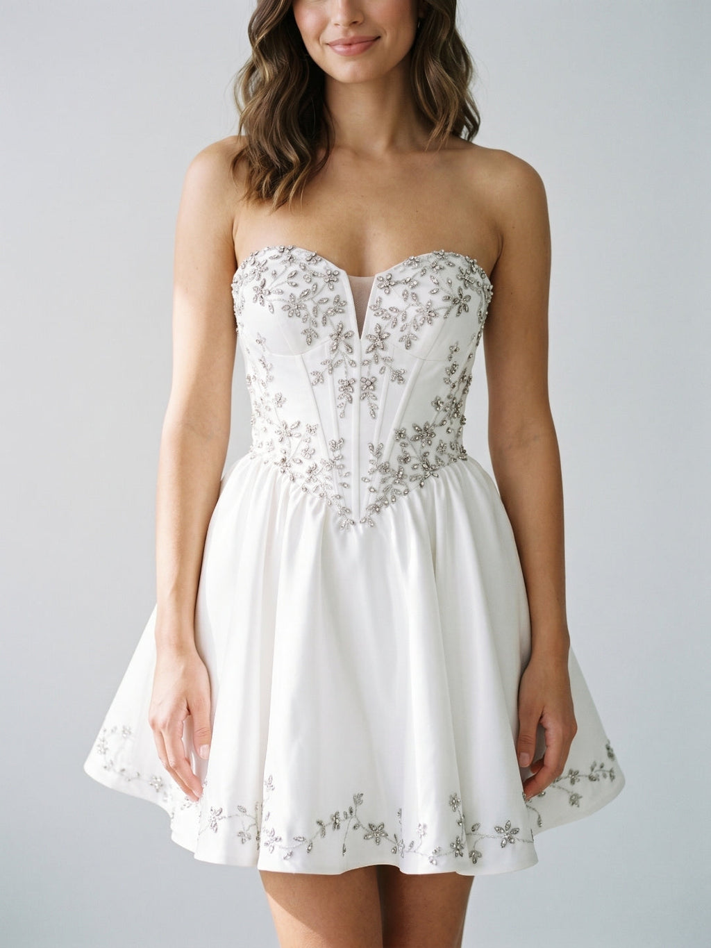 White Satin A-Line Sweetheart Criss-Cross Straps Short Homecoming Dress with Beading - Curvevia