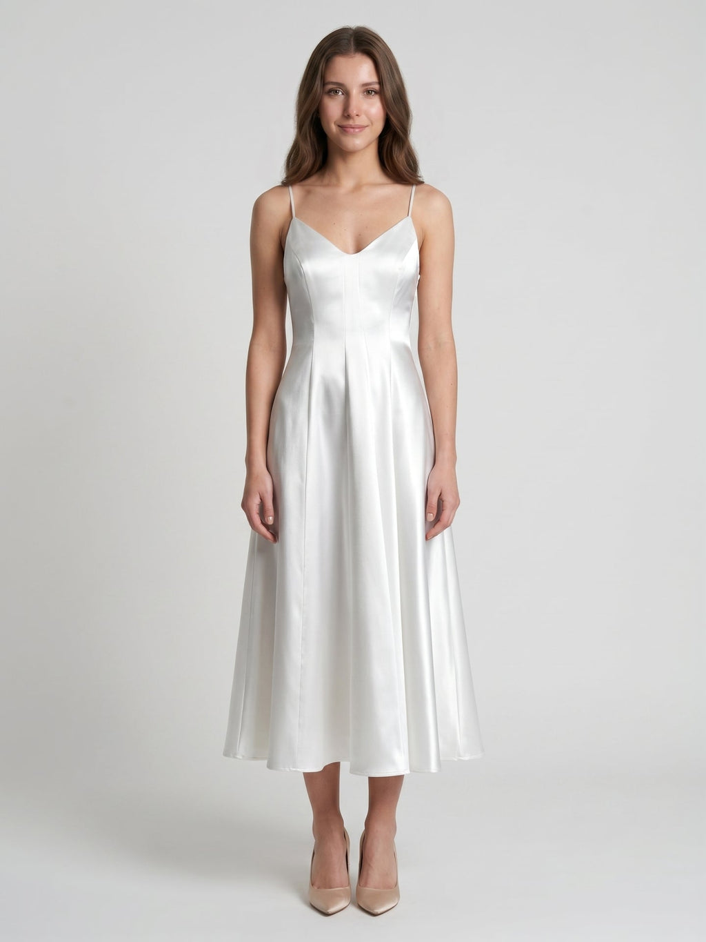 White Satin A-Line V-Neck Backless Tea-Length Bridesmaid Dress - Curvevia