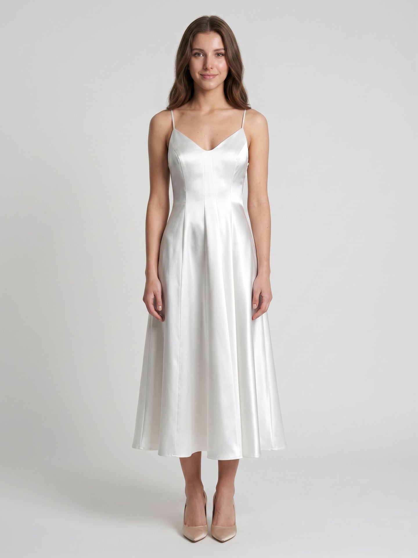 White Satin A-Line V-Neck Backless Tea-Length Bridesmaid Dress - Curvevia