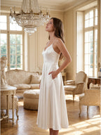 White Satin A-Line V-Neck Backless Tea-Length Bridesmaid Dress - Curvevia