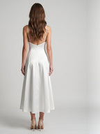 White Satin A-Line V-Neck Backless Tea-Length Bridesmaid Dress - Curvevia