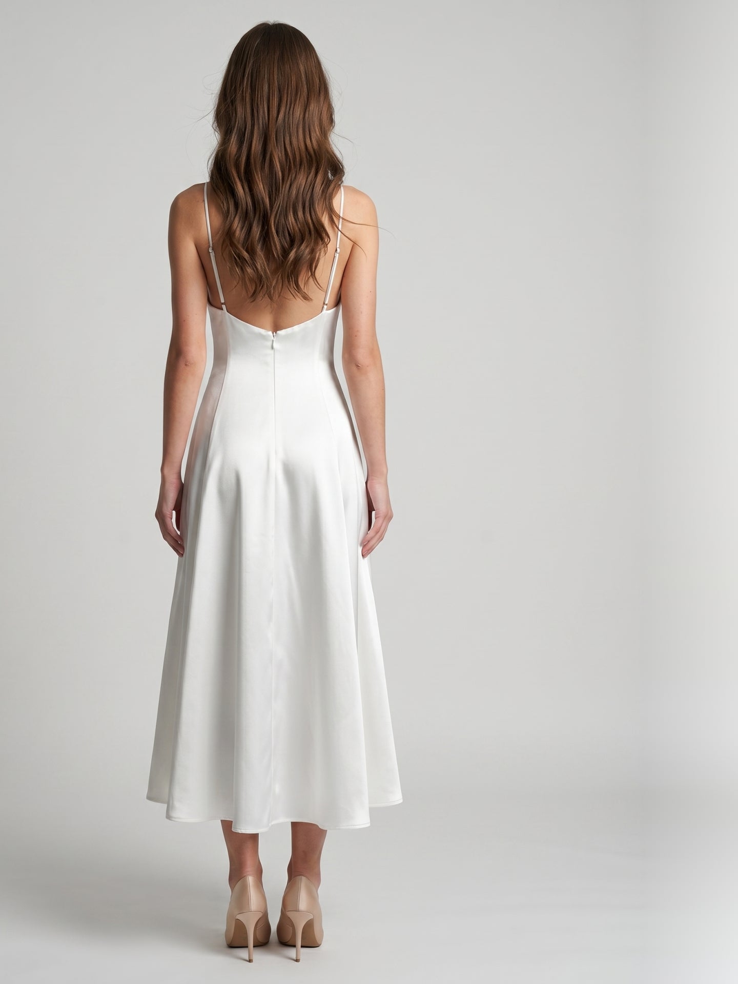 White Satin A-Line V-Neck Backless Tea-Length Bridesmaid Dress - Curvevia