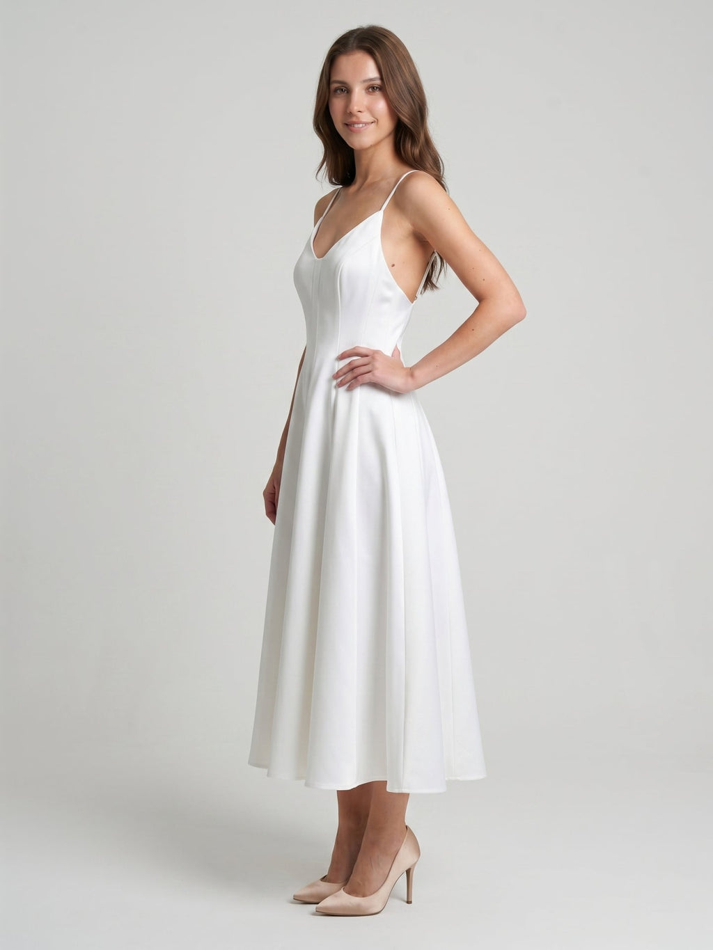 White Satin A-Line V-Neck Backless Tea-Length Bridesmaid Dress - Curvevia