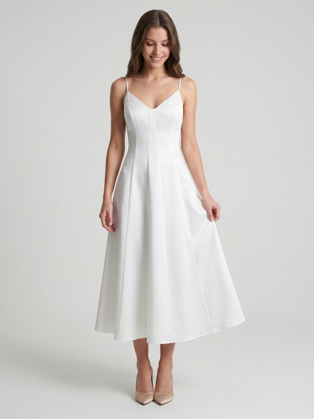White Satin A-Line V-Neck Backless Tea-Length Bridesmaid Dress - Curvevia