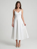 White Satin A-Line V-Neck Backless Tea-Length Bridesmaid Dress - Curvevia