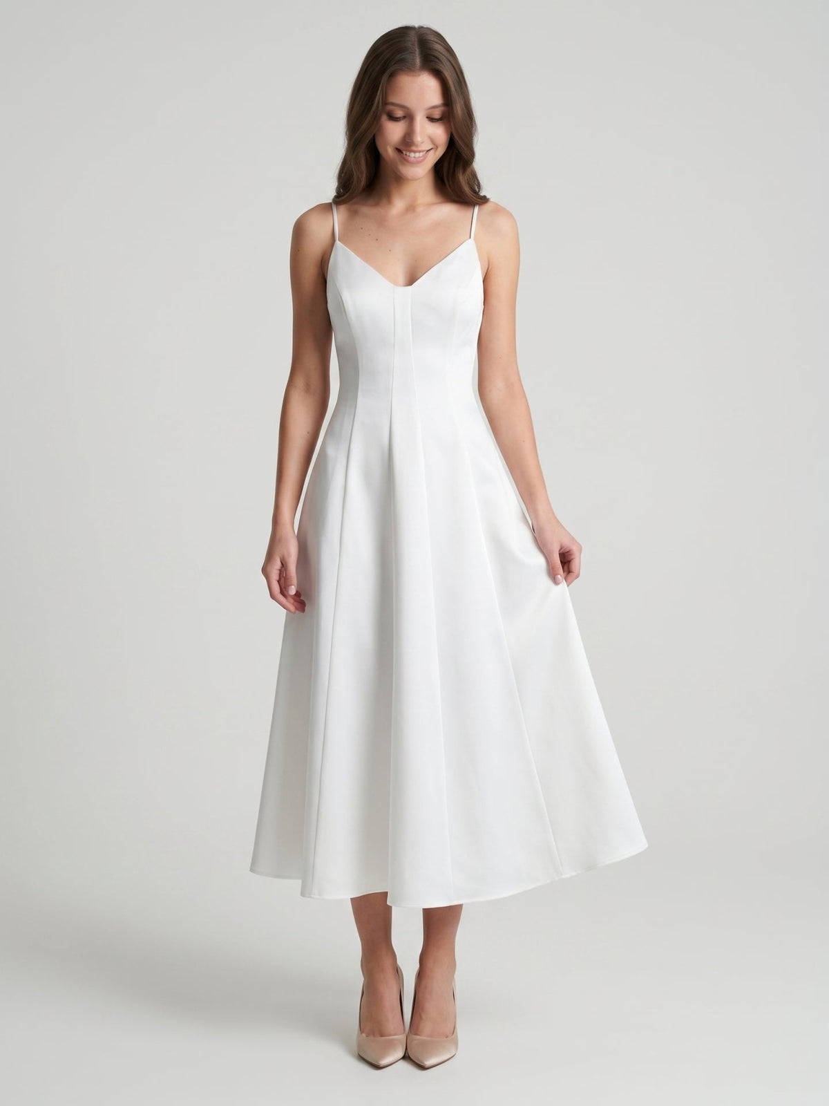 White Satin A-Line V-Neck Backless Tea-Length Bridesmaid Dress - Curvevia