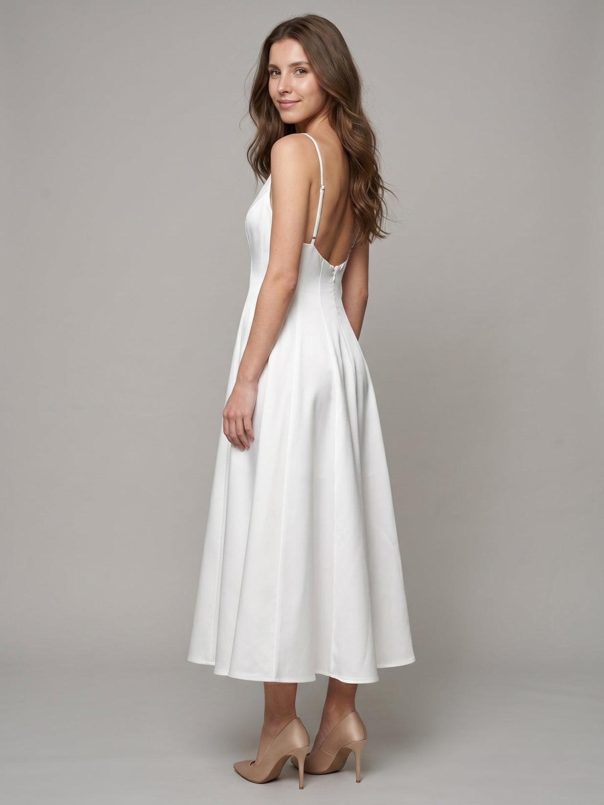 White Satin A-Line V-Neck Backless Tea-Length Bridesmaid Dress - Curvevia