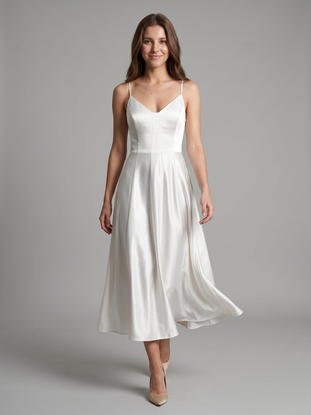 White Satin A-Line V-Neck Backless Tea-Length Bridesmaid Dress - Curvevia