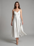 White Satin A-Line V-Neck Backless Tea-Length Bridesmaid Dress - Curvevia