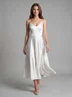 White Satin A-Line V-Neck Backless Tea-Length Bridesmaid Dress - Curvevia
