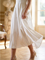 White Satin A-Line V-Neck Backless Tea-Length Bridesmaid Dress - Curvevia