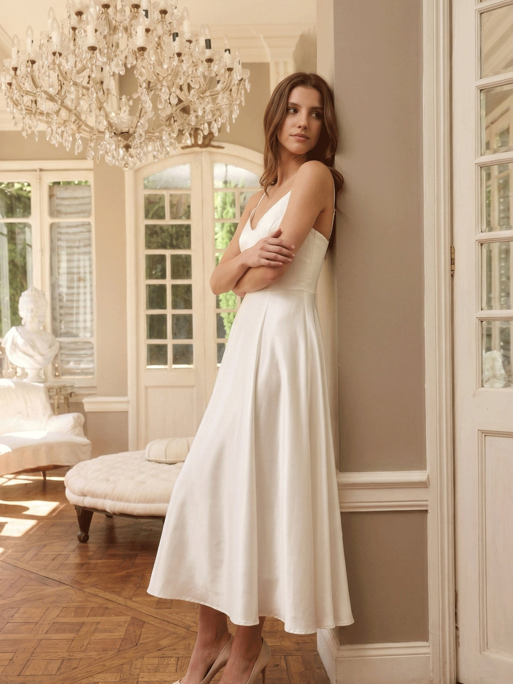 White Satin A-Line V-Neck Backless Tea-Length Bridesmaid Dress - Curvevia
