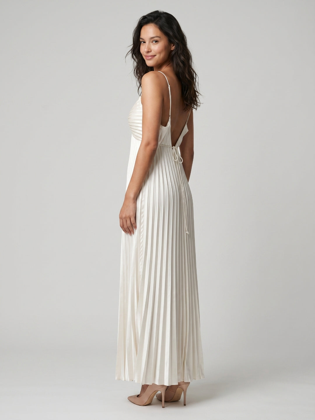 White Satin Column Scoop Neck Backless Ankle-Length Prom Dress - Curvevia