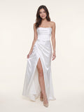 White Satin Empire Straight Neck Backless Floor-Length Bridesmaid Dress with Pleats - Curvevia