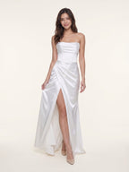 White Satin Empire Straight Neck Backless Floor-Length Bridesmaid Dress with Pleats - Curvevia