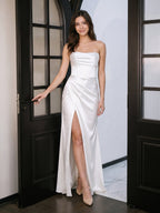 White Satin Empire Straight Neck Backless Floor-Length Bridesmaid Dress with Pleats - Curvevia