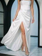 White Satin Empire Straight Neck Backless Floor-Length Bridesmaid Dress with Pleats - Curvevia
