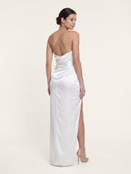 White Satin Empire Straight Neck Backless Floor-Length Bridesmaid Dress with Pleats - Curvevia