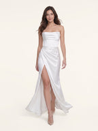 White Satin Empire Straight Neck Backless Floor-Length Bridesmaid Dress with Pleats - Curvevia