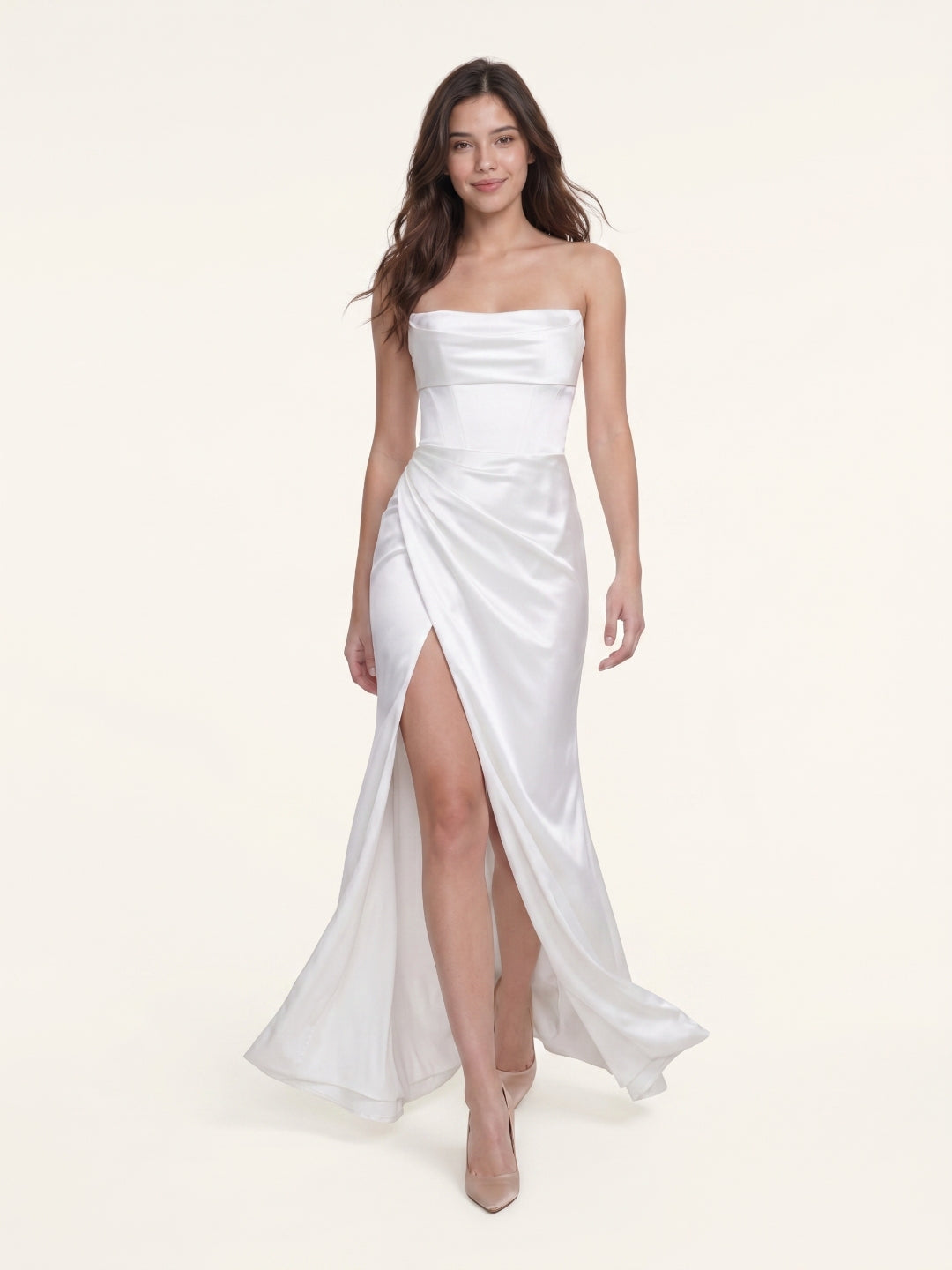 White Satin Empire Straight Neck Backless Floor-Length Bridesmaid Dress with Pleats - Curvevia