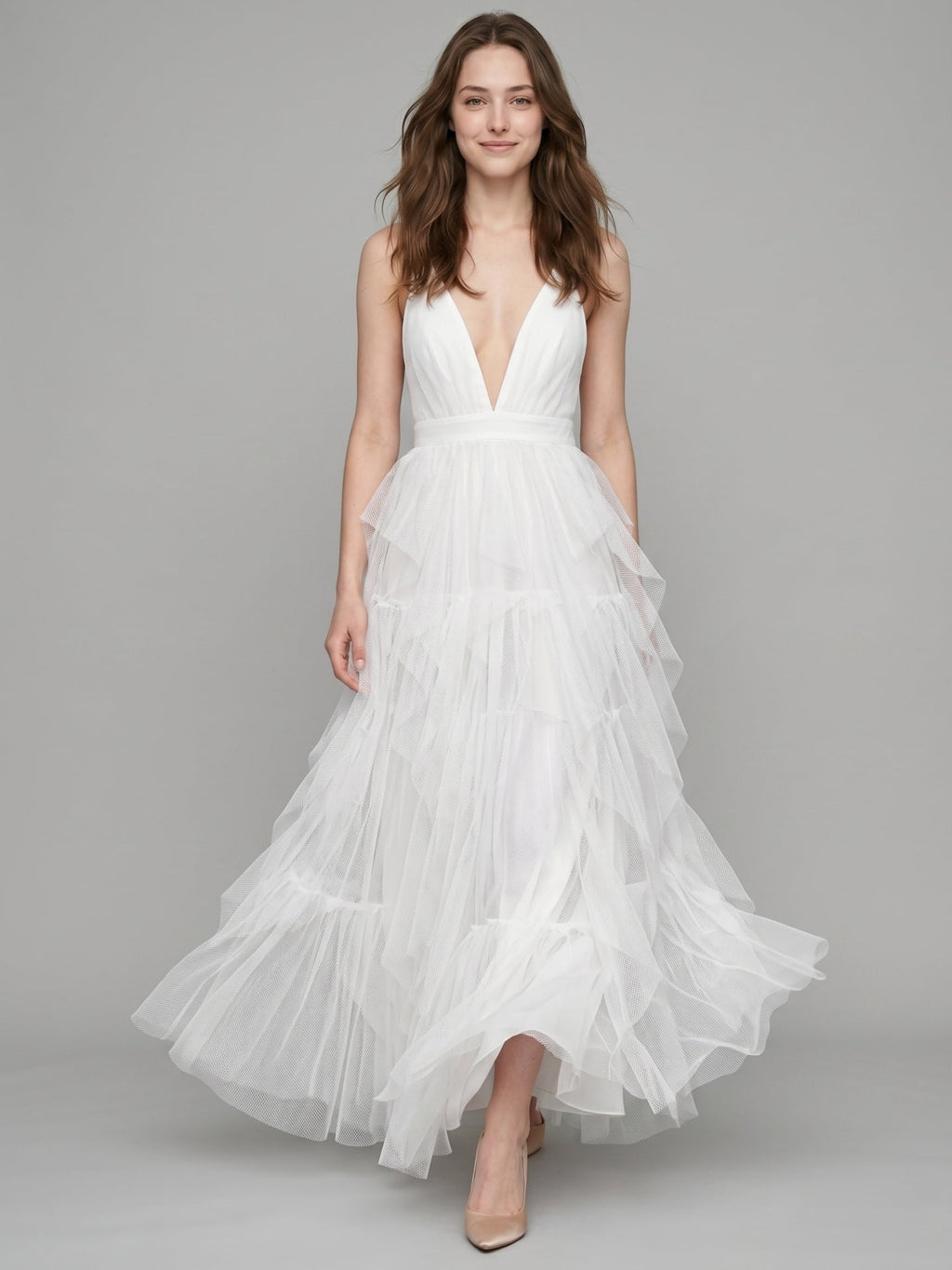 White Mesh Mermaid Cowl Neck Backless Floor-Length Bridesmaid Dress with Bow - Curvevia