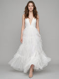 White Mesh Mermaid Cowl Neck Backless Floor-Length Bridesmaid Dress with Bow - Curvevia
