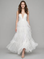 White Mesh Mermaid Cowl Neck Backless Floor-Length Bridesmaid Dress with Bow - Curvevia