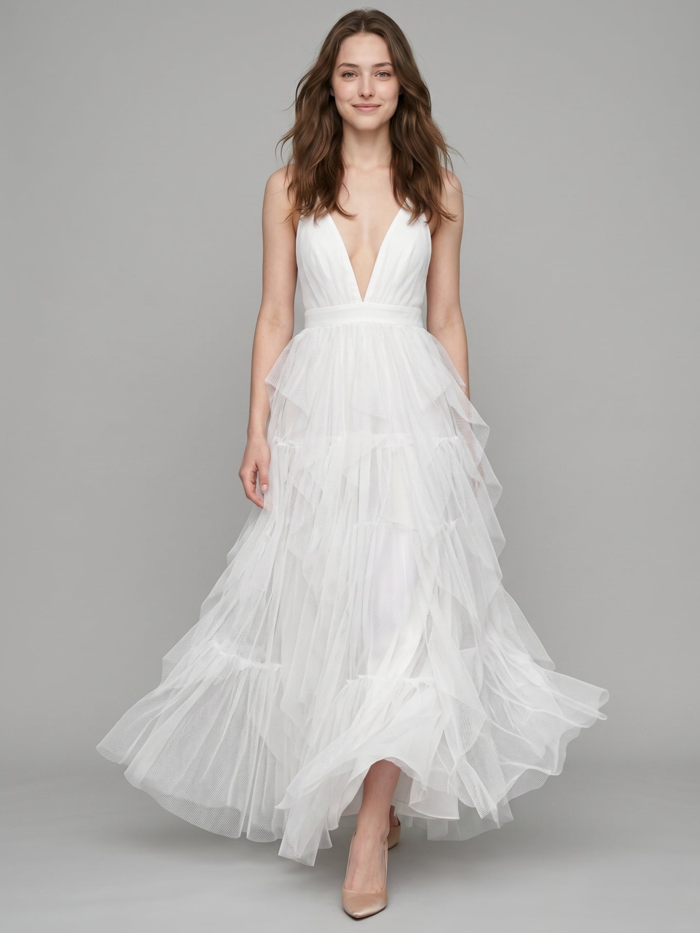 White Mesh Mermaid Cowl Neck Backless Floor-Length Bridesmaid Dress with Bow - Curvevia